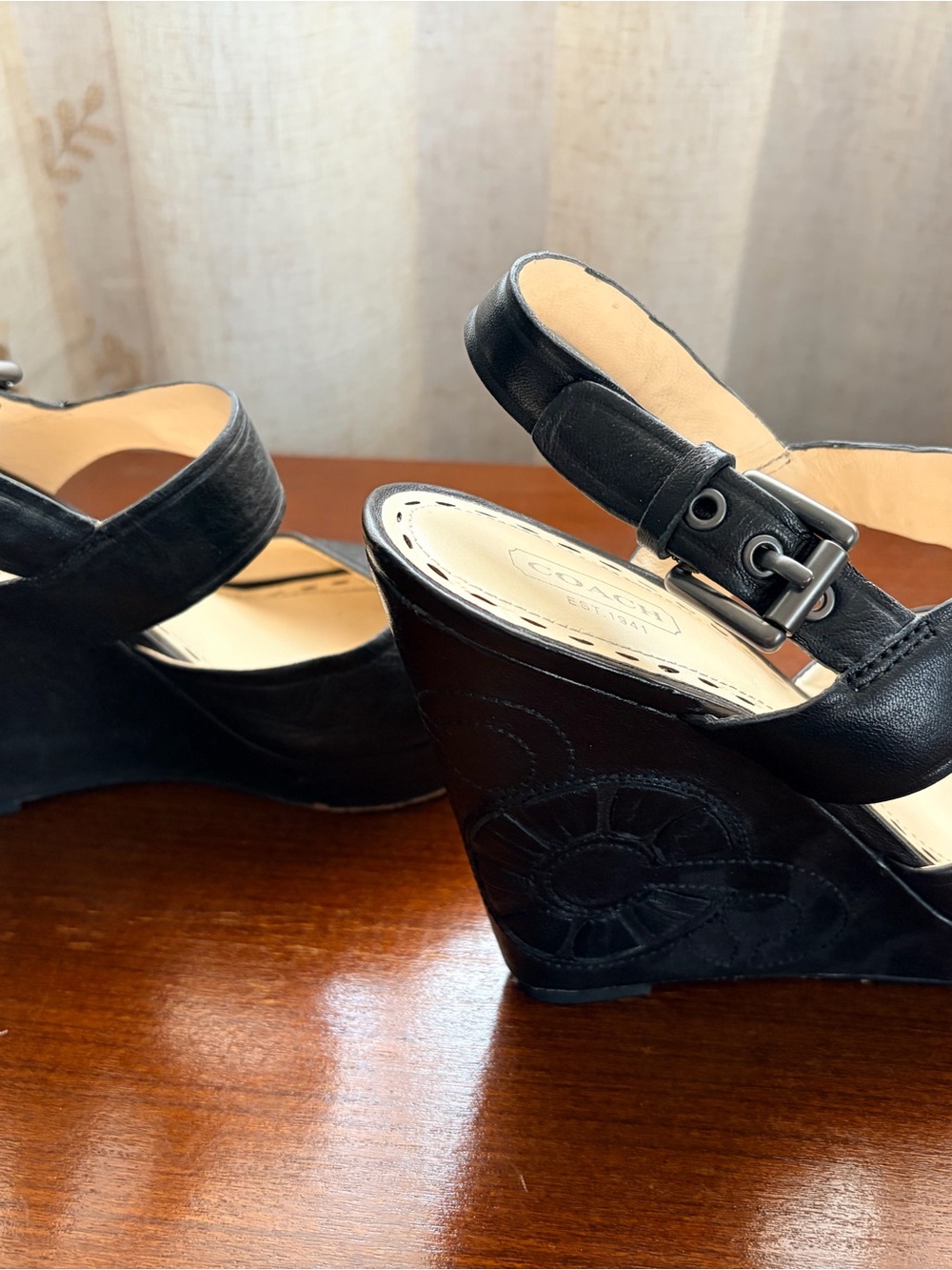 Coach Black Leather Wedge Sandals